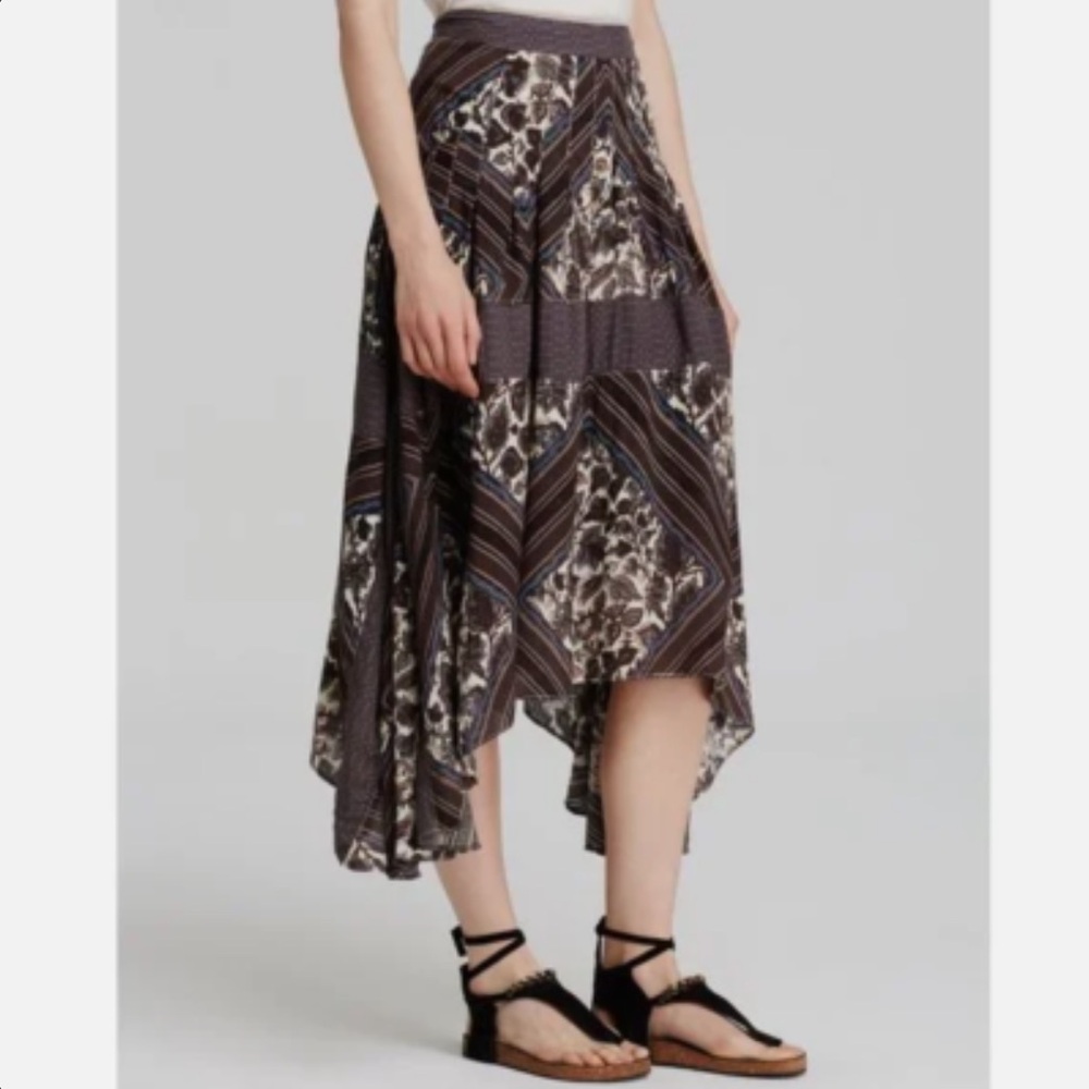 Free People Asymmetrical Paradise Boho Midi Skirt Size 6 Brown Patchwork